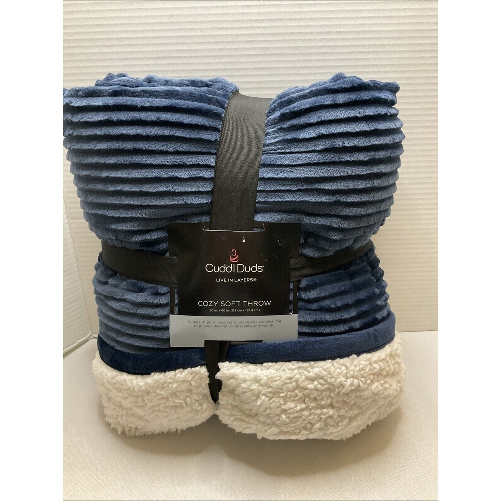 Cuddle Duds Navy Blue Rib Microplush & Sherpa Fleece Plush Throw Blanket, 50x60
